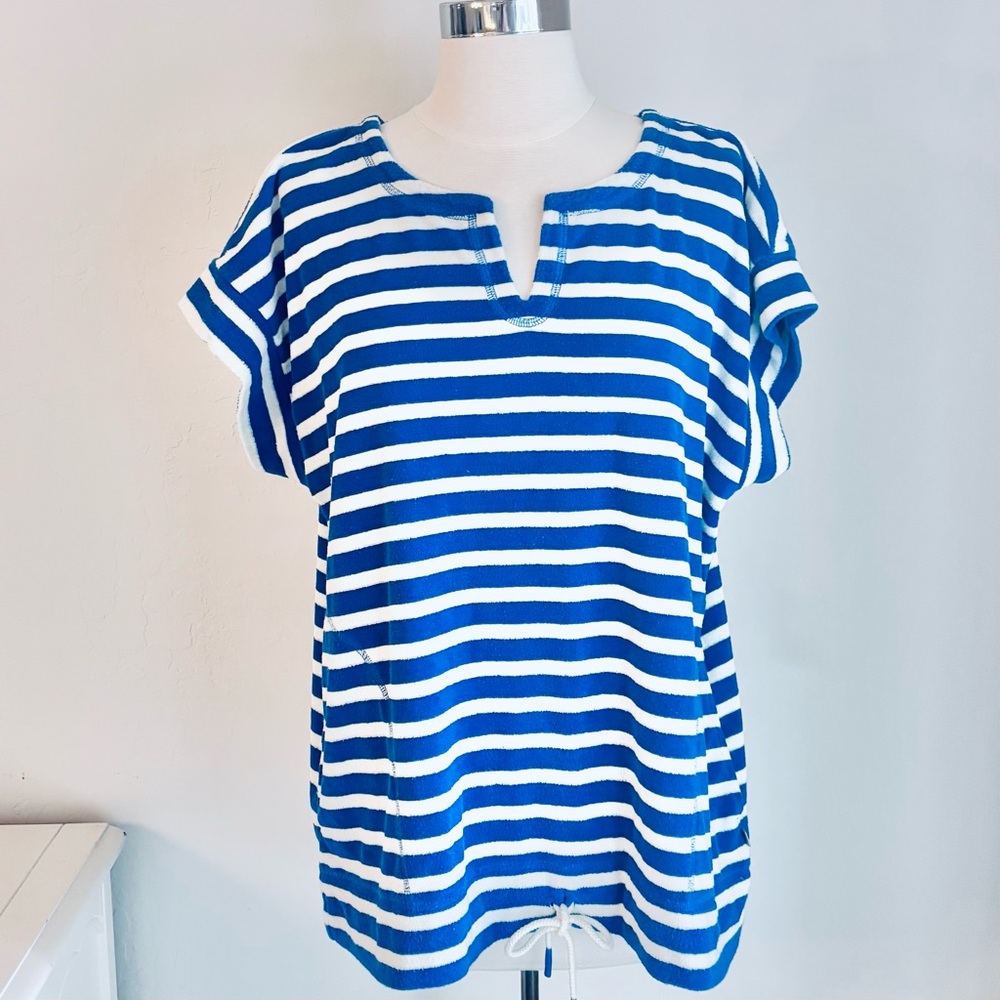 Talbots Blue & White Striped Terrycloth Short Sleeve Top, Sz XL